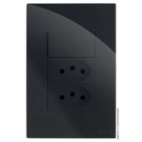 Conjunto Interruptor Simples + Tomada Dupla 20A 4x2 - RECTA Preto Black Gloss